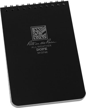 Rite in the Rain Weatherproof Top Spiral DOPE Logbook, 4" x 6", Black Cover, DOPE Pattern Front, Universal Pattern Back (No. D746)