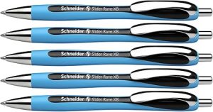 Schneider Slider Rave XB (Extra Broad) Ballpoint Pen, Refillable + Retractable, 1.4 mm, Light Blue Barrel, Black Ink, Box of 5 Pens (132501)