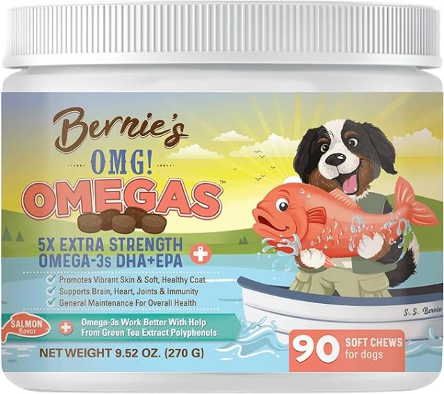 Bernie’s OMG!!! Omegas Chews for Dogs - 5X Extra Strength DHA+EPA, Fish Oil, Healthy Skin & Coat, Allergy Relief, Joint Supplement (Salmon Flavor)
